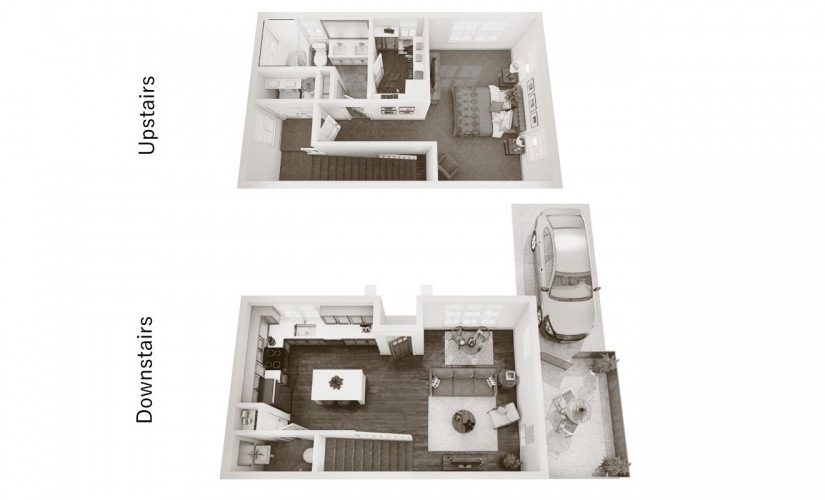 One Bedroom Cottage with Private Driveway Parking (A1U) - 1 bedroom floor plan layout with 1.5 bathroom and 851 square feet