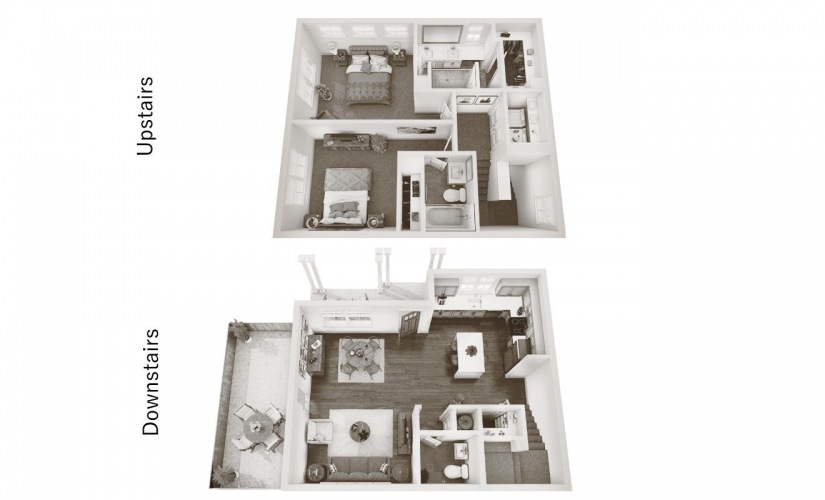 Two Bedroom Cottage (B1C) - 2 bedroom floor plan layout with 2.5 bathrooms and 1207 square feet