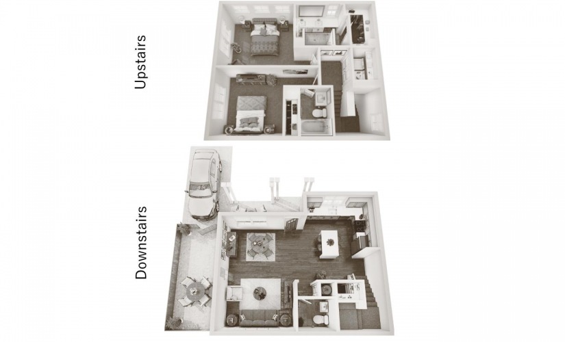 Two Bedroom Cottage with Private Driveway Parking (B1U) - 2 bedroom floor plan layout with 2.5 bathrooms and 1207 square feet