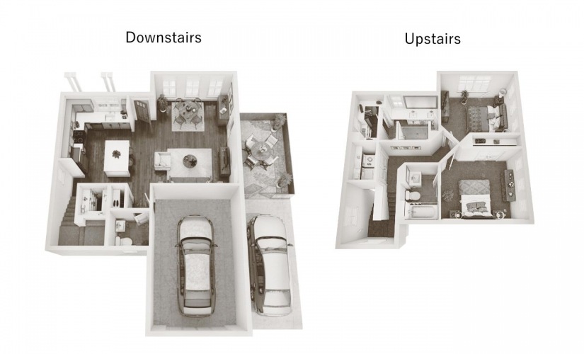Two Bedroom Farmhouse (B2) - 2 bedroom floor plan layout with 2.5 bathrooms and 1220 square feet
