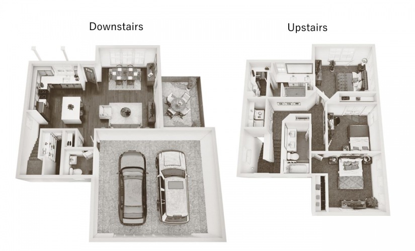 Three Bedroom Farmhouse (C1) - 3 bedroom floor plan layout with 2.5 bathrooms and 1387 square feet