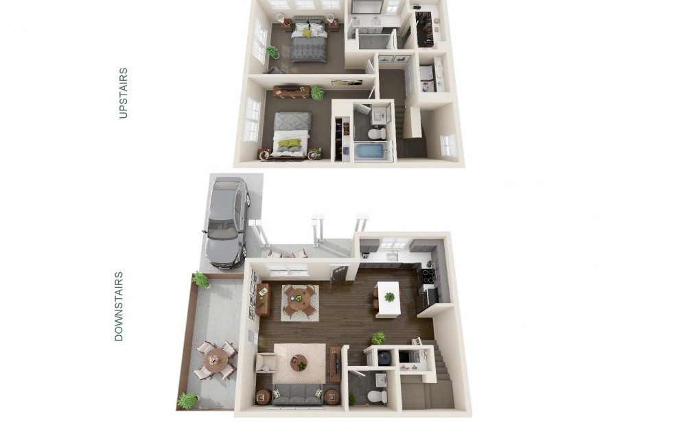 Two Bedroom Cottage with Private Driveway Parking (B1U) - 2 bedroom floorplan layout with 2.5 bathrooms and 1207 square feet (Interior)