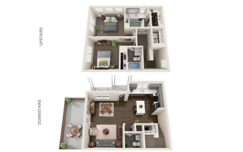 Two Bedroom Cottage (B1C) - 2 bedroom floorplan layout with 2.5 bathrooms and 1207 square feet (Interior)